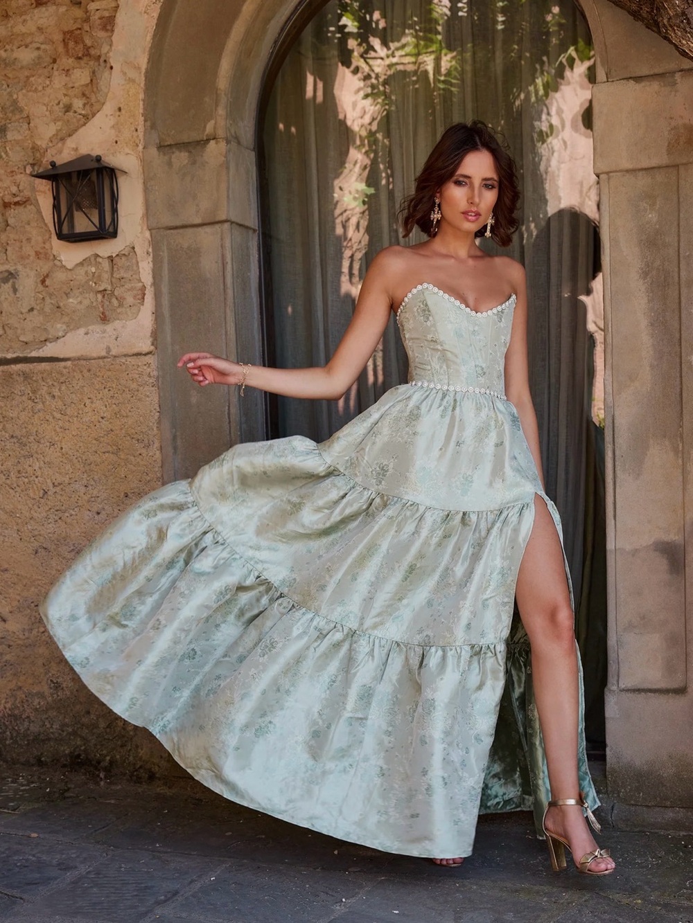 V. Chapman Vivian Dress in Sage Windsor Brocade
